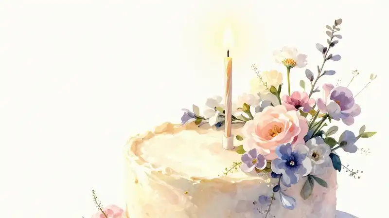 A delicate birthday cake with a glowing candle among wildflowers