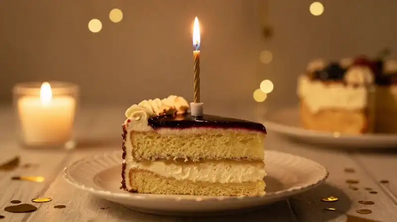 A warm slice of cake with a single glowing candle