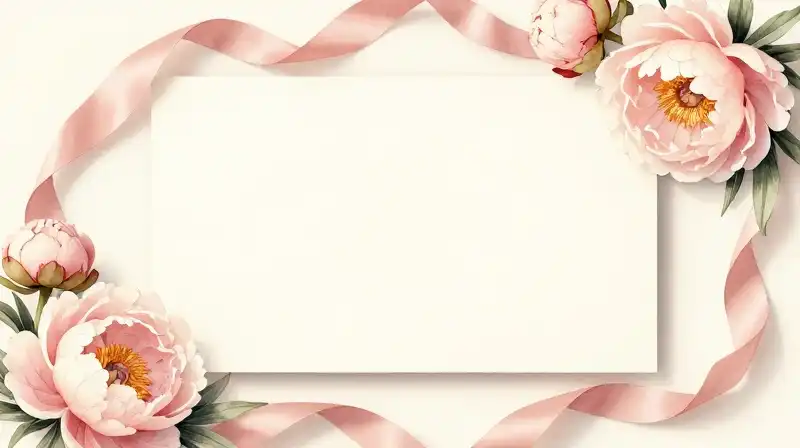 Blush peonies and silk ribbons rest on cream stationery