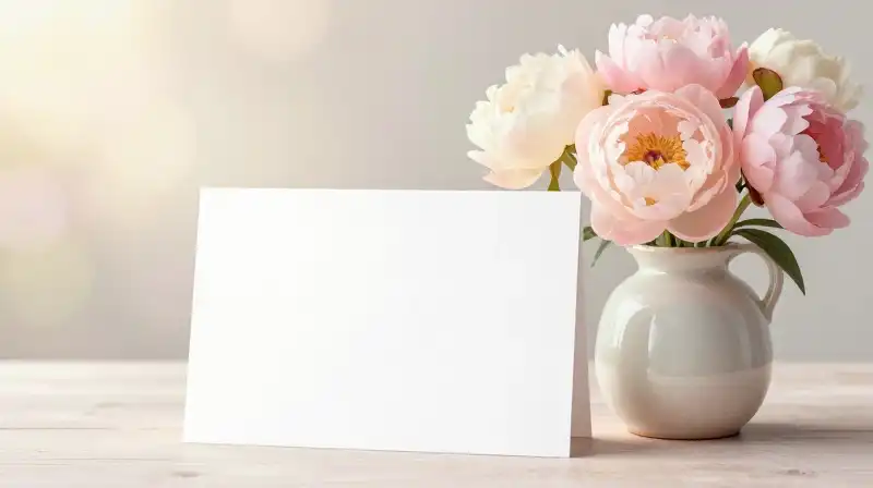 Pastel peonies in a ceramic vase beside an elegant card