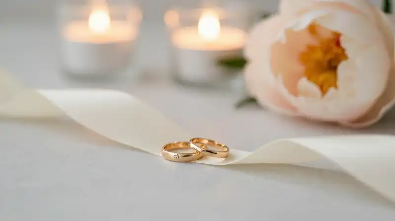 Gold rings rest on cream silk amidst blush peonies