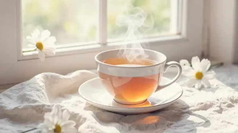 A warm cup of tea sits by sunlit pastel blooms