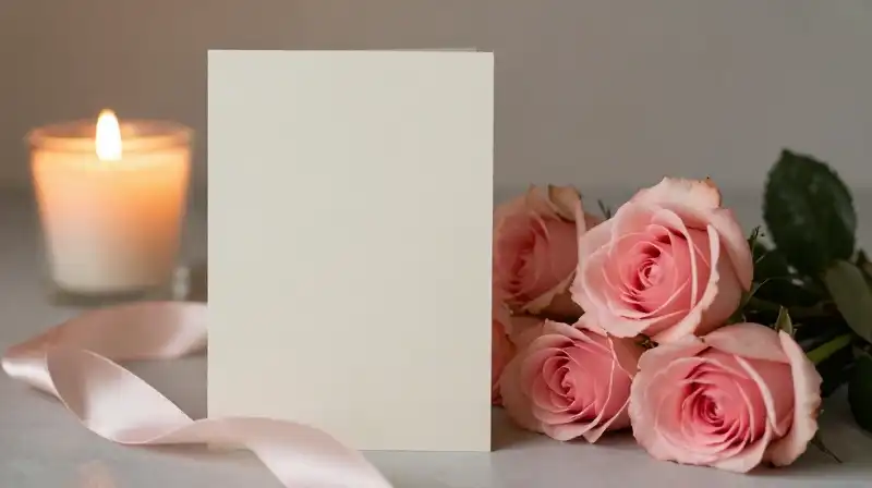 Blush roses and silk ribbon rest on a cream card