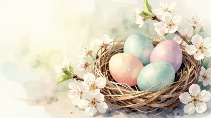 Pastel eggs rest in a nest among spring blossoms