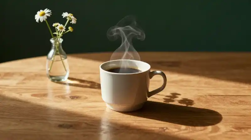 A steaming coffee mug and wildflowers sit on wood