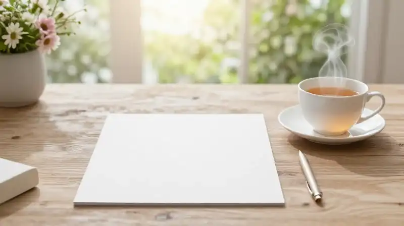 Elegant stationery and steaming tea sit on a wooden table